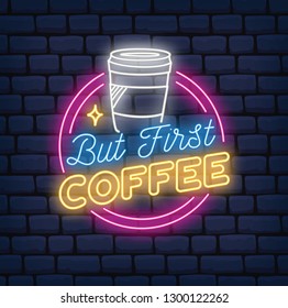 coffee shop neon sign on brick background