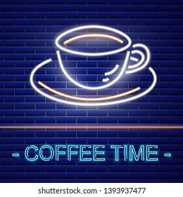 Coffee shop neon sign Vector. Glowing coffee cup symbol dark background. Cafe menu templates