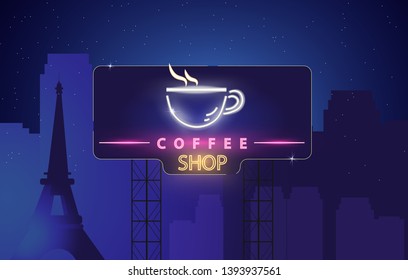 Coffee shop neon sign Vector. Glowing coffee cup symbol dark background. Cafe menu templates