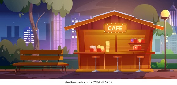 Coffee shop in night city park. Vector cartoon illustration of dark public garden with small outdoor cafe, wooden bench, street lantern illumination, green trees and bushes, cityscape buildings view