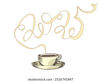 Coffee shop on the coming New Year's Eve. Advertising of New Year and Christmas with a hot drink. From the cup you can see the silhouette of the number 2025. Comic cartoon pop art retro vector