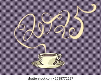 Coffee shop on the coming New Year's Eve. Advertising of New Year and Christmas with a hot drink. From the cup you can see the silhouette of the number 2025. Comic cartoon pop art retro vector