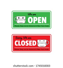 Coffee shop open and closed sing for keep social distance flat vector design isolated from white background, covid-19 (coronavirus) social distancing concept design.