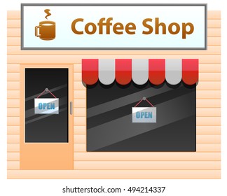 Coffee shop with open sign on the window and door vector icon