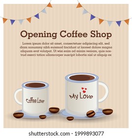 coffee shop opening announcement banner for Facebook and twitter. coffee shop opening banner on light brown background with coffee mugs and coffee beans. colorful buntings as decorations. 