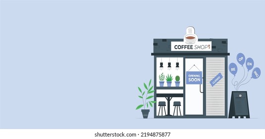 coffee shop opening soon or re-opening. Flat vector illustration stock set. Infographic elements. Showcases stores. Coffee shop building. Signboard with big cup and balloon coffee. Flat style vector