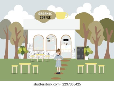 Coffee shop , outdoor cafe and people in summer city park, woman drinking coffee Vector Stock Illustration.