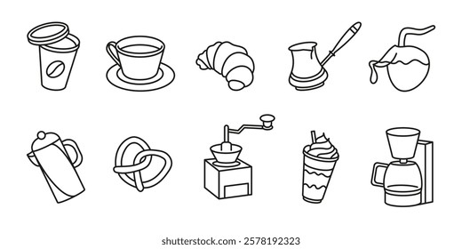 Coffee shop outline icon set. Cafe menu line vector illustration collection. Cafeteria barista equipment symbol. Linear coffee relative signs. Coffee cup, croissant, grinder, espresso pictogram.