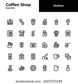 coffee shop outline icon set. coffee shop black line icon set.