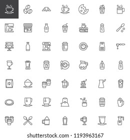 Coffee shop outline icons set. linear style symbols collection, line signs pack. vector graphics. Set includes icons as Coffee cup, Croissant, Coffee machine, Milkshake, Tea cup, Grinder, Frappe