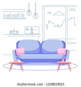 Coffee shop outline interior. Blue sofa with pink pillows,coffee tables in the cafe.