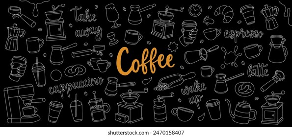 Coffee shop outline set. Beans, drinks, cups, package, grinder, filter, machine, portafilter, kettle. Hand drawn elements for cafe menu, coffee shop.