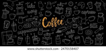 Coffee shop outline set. Beans, drinks, cups, package, grinder, filter, machine, portafilter, kettle. Hand drawn elements for cafe menu, coffee shop.