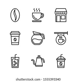 Coffee Shop Outline Vector Icon Set 1, Bean, Coffee Cup, Cafe, Paper Cup, Cafe Sign, Iced Coffee and Kettle