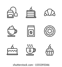 Coffee Shop Outline Vector Icon Set 2, Tea Bag, Cake, Croissant, Cappuccino, Coffee Bag, Donut, Tea Cup and Cup Cake