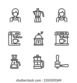 Coffee Shop Outline Vector Icon Set 3, Barista, Moka Pot, Coffee Machine, Grinder, Dripper, French Press and Tamper