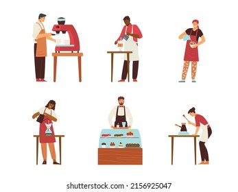 Coffee shop owners and baristas wearing apron and preparing coffee, set of flat vector illustrations isolated on white background. Cafe staff men and women characters.