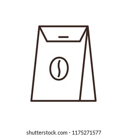 Coffee shop paper bag linear icon isolated on white background. Take away hot drink and food package vector illustration. element. Cafe or restaurant menu symbol. Coffee house outline logo