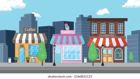 Coffee shop, pastry shop and bookstore on the background of the city. Vector illustration.