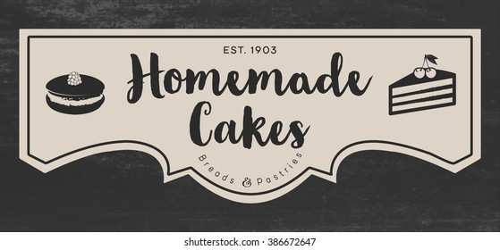 Coffee Shop, Pastry-shop, Bakery Or Confectionery Business Sign, Menu Label Or Sign Board Vector Template In Retro Style On Chalkboard Grunge Background. Product Package Label. Sample Text. Editable