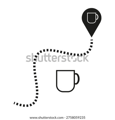 Coffee shop path. Navigation mug Vector. Location point route. Hot drink destination. Manual vector only. No autotrace used. EPS 10.