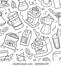 Coffee shop pattern made of minimal linear black and white contour illustrations. Simle vector background, drawings of tools for preparing coffee in modern doodle style, good as wrapping paper.