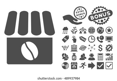 Coffee Shop pictograph with bonus elements. Vector illustration style is flat iconic symbols, gray color, white background.