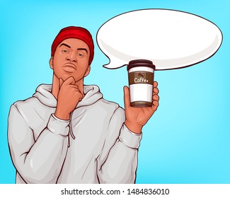 Coffee shop pop art vector advertising banner or poster template with pensive, thoughtful young african-american man in grey hoody and red beanie showing coffee paper cup illustration with speak cloud