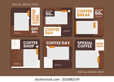 Coffee shop post template. Set of Editable minimalist square template. Dark brown and grey background color for social media post and web internet ads. Vector illustration