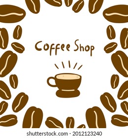 Coffee shop poster background with cup and brown coffee beans isolated on white background.