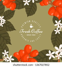 Coffee shop poster, banner vector illustration. Morning fresh and tasty. Organic and premium quality coffee beans. Icon of cup with hot coffee drink. Coffee plants.