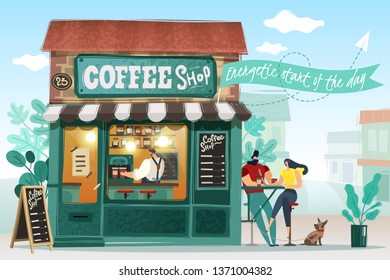 Coffee shop poster. Barista at work, visitors - man and woman with dog. Detailed vector illustration with slogan inscription and the environment. Items are conveniently grouped