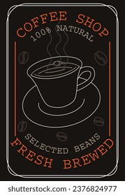 Coffee shop poster, cup of coffee with coffee beans inline illustration.