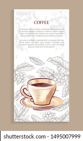Coffee shop poster, porcelain cup on saucer on background of raw leaves with beans. Vector brown aroma beverage in mug with handle. Cappuccino or latte