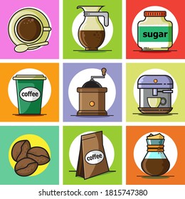 Coffee shop poster. Coffee set. Brewing coffee equipment. Cafe and restaurant. Flat vector design.