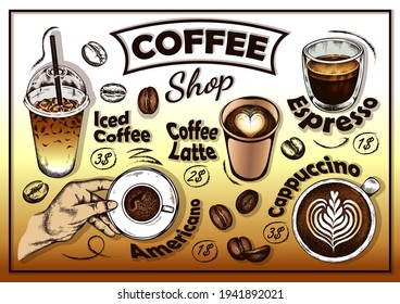 Afiche de la cafetería con boceto de bebidas. Café helado, americano, espresso, café latte, capuchino, coja una taza, judías marrones asadas, para ir. Fondo de la cafetería, tienda. Ilustración del vector