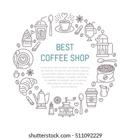 Coffee shop poster template. Vector line illustration of coffeemaking equipment. Elements - espresso cup, french press, croissant, hot drinks, cupcake, coffee grinder. Cafe, bar banner design