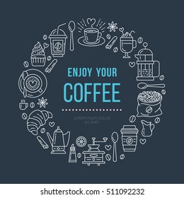 Coffee shop poster template. Vector line illustration of coffeemaking equipment. Elements - espresso cup, french press, croissant, hot drinks, cupcake, coffee grinder. Cafe, bar banner design