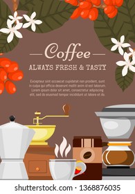 Coffee shop poster vector illustration. Morning coffee. Always fresh and natural. Barista equipment such as espresso machine, beans, coffee pot. Plants.