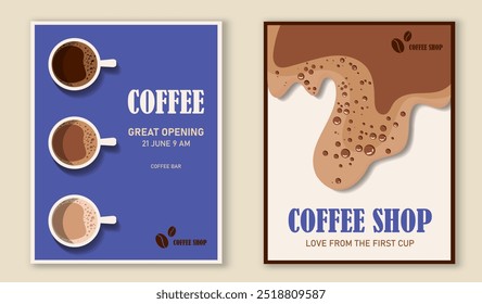 Coffee shop posters set. Aroma and beverage. Cups with hot drinks. Cappuccino and mochaccino, americano and latte. Espresso and mocha. Flat vector collection isolated on beige background