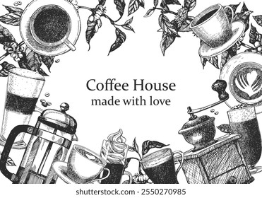 Coffee shop products. Coffee House Coffee design template. Hand-drawn illustration of Coggee. Ink. Vector