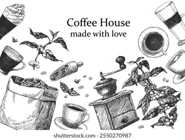 Produtos para cafés. Casa de café Modelo de projeto de café. Ilustração desenhada à mão de Coggee. Tinta. Vetor