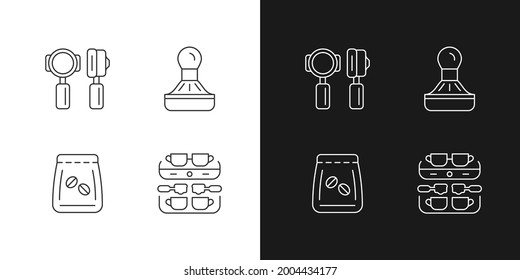 Coffee shop professional tools linear icons set for dark and light mode. Coffee beans in bag. Espresso making. Customizable thin line symbols. Isolated vector outline illustrations. Editable stroke