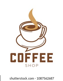 Coffee shop promo emblem with cup of hot beverage