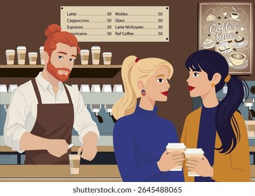 Coffee shop with red barista. Equipment for making coffee. Man serving customers. Two cute young girls talking over a cup of coffee. Vector hand drawn coffee story illustration