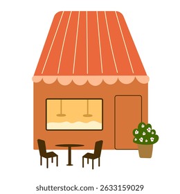 Coffee shop with red roof. Coffee time. Cozy coffee shop.