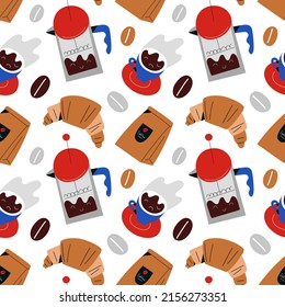 Coffee shop repeat pattern, french press, croissant and espresso, roast beans, hand drawn vector illustrations, seamless vector texture, graphic print for cafe or restaurant, wrapping paper design
