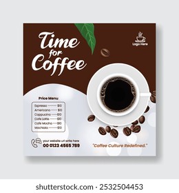 Coffee shop and restaurant drink menu sale promotional social media post banner ad template. Cafeteria advertisement concept, espresso shop social media flyer or poster template