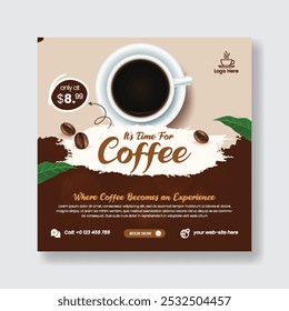 Coffee shop and restaurant drink menu sale promotional social media post banner ad template. Cafeteria advertisement concept, espresso shop social media flyer or poster template