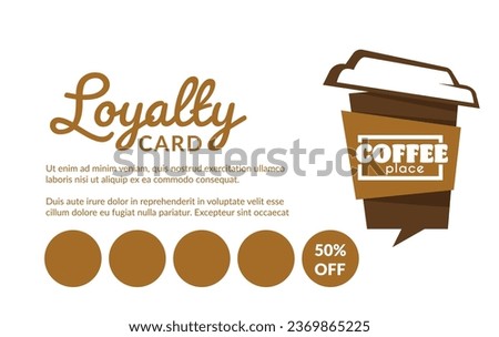 Coffee shop or restaurant with loyalty card for clients, get fifty percent off price on every fifth mug bought in store or cafe. Promotional banner for customer, advertisement vector in flat style
